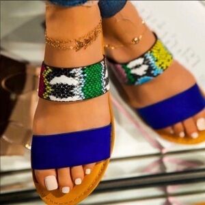 Sandals Royal Blue Snake Print. Double strap. NWT